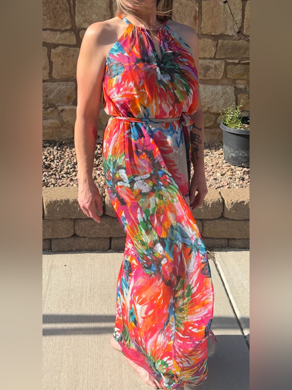 Leslie Fay Tropical Floral Print Belted Maxi Dress Women’s Size 16